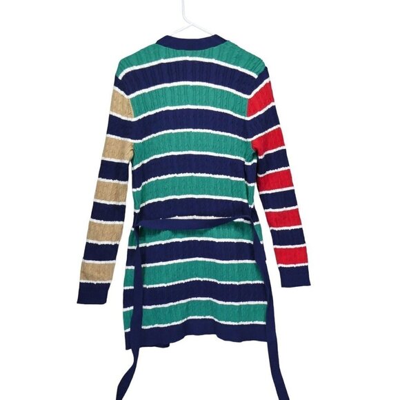 Lands End Cable Knit‎ Tie Front Cardigan Size M Tall 10-12 Stripe Green Red Blue - Picture 8 of 12
